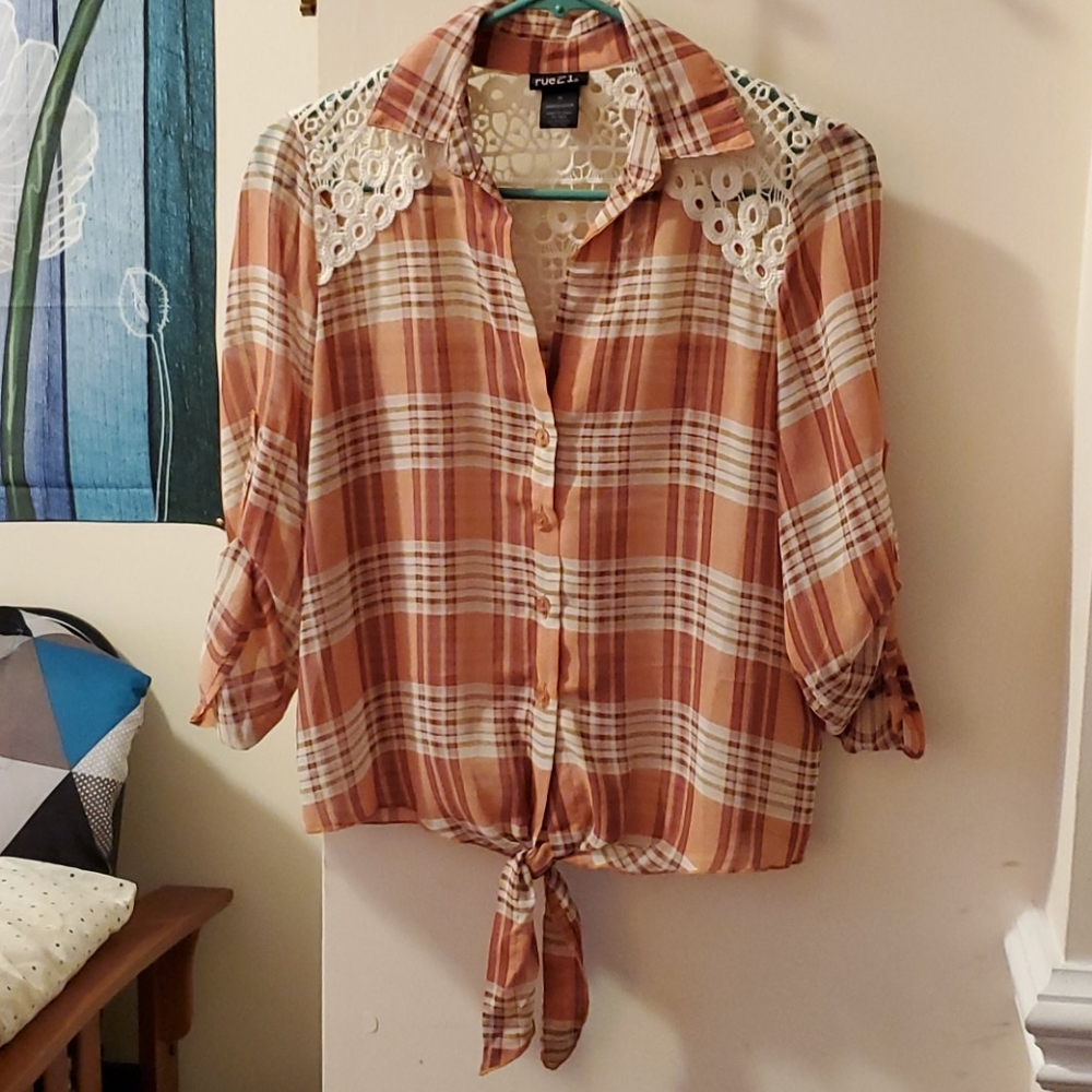 Teen/womens tie up sheer knit shirt